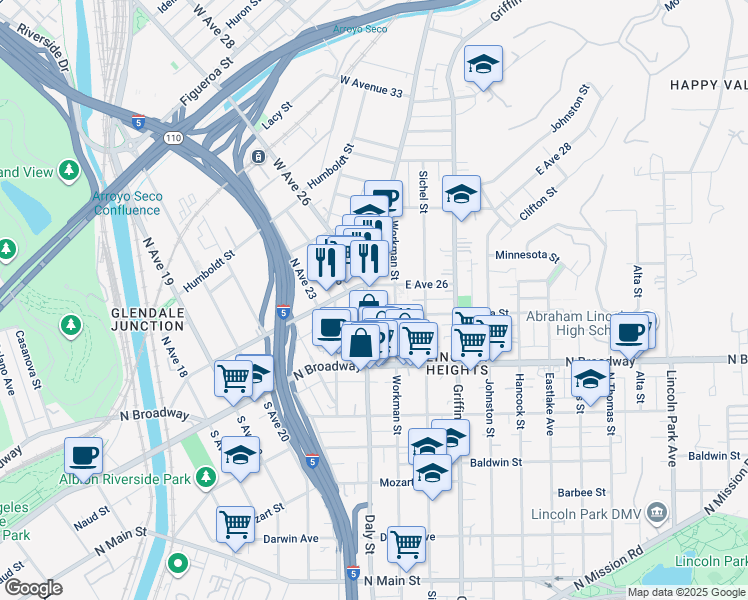 map of restaurants, bars, coffee shops, grocery stores, and more near 2501 Workman Street in Los Angeles