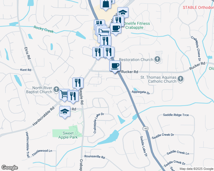 map of restaurants, bars, coffee shops, grocery stores, and more near 2295 Ashton Drive in Roswell