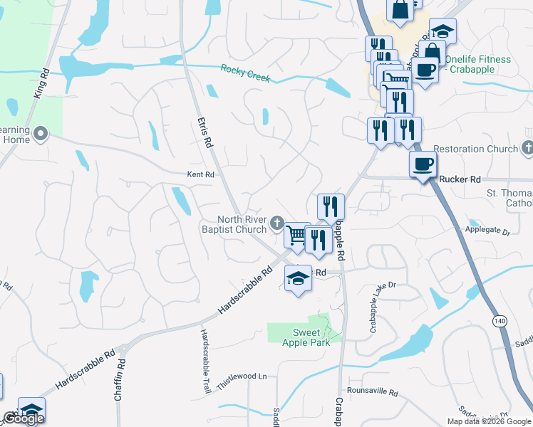 map of restaurants, bars, coffee shops, grocery stores, and more near 355 Autumn Breeze Drive in Roswell
