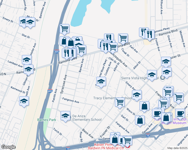map of restaurants, bars, coffee shops, grocery stores, and more near 12873 Salisbury Street in Baldwin Park