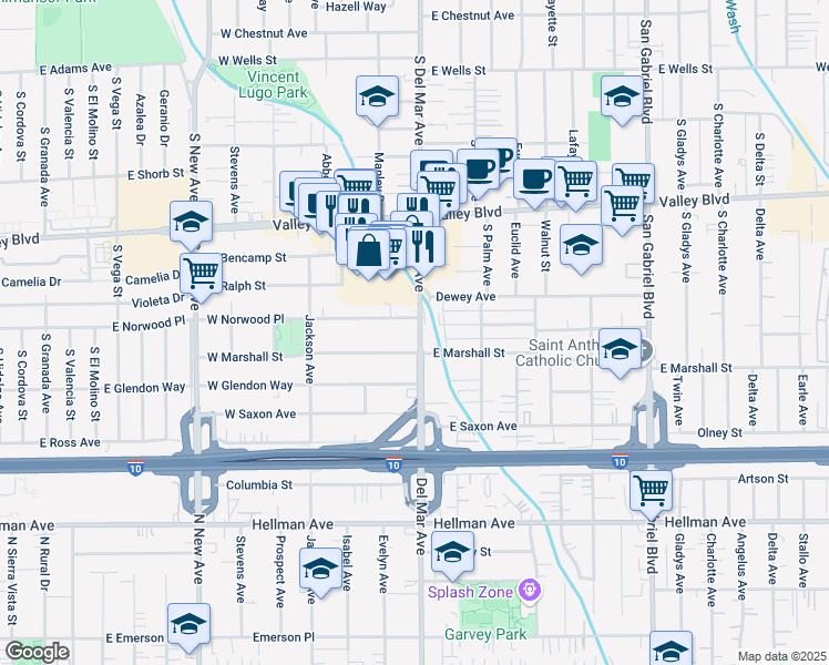 map of restaurants, bars, coffee shops, grocery stores, and more near 1851 Del Mar Avenue in San Gabriel