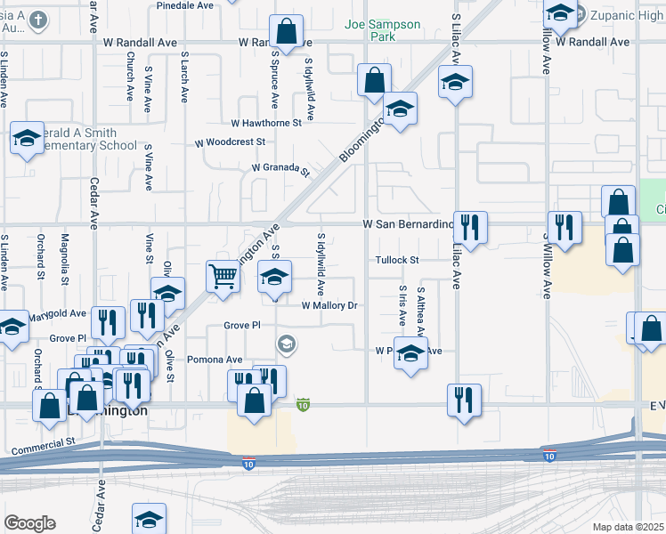 map of restaurants, bars, coffee shops, grocery stores, and more near 795 West El Molino Street in Bloomington