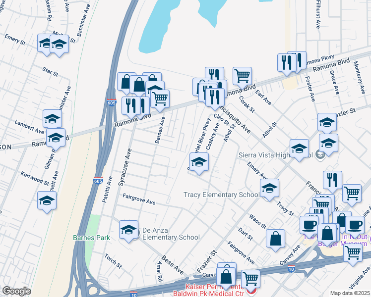 map of restaurants, bars, coffee shops, grocery stores, and more near 12873 Salisbury Street in Baldwin Park