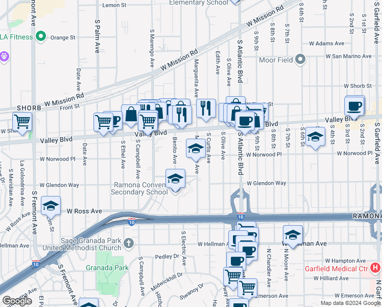 map of restaurants, bars, coffee shops, grocery stores, and more near 1509 Marguerita Avenue in Alhambra