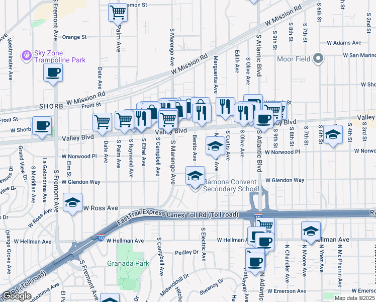 map of restaurants, bars, coffee shops, grocery stores, and more near 1512 Benito Avenue in Alhambra