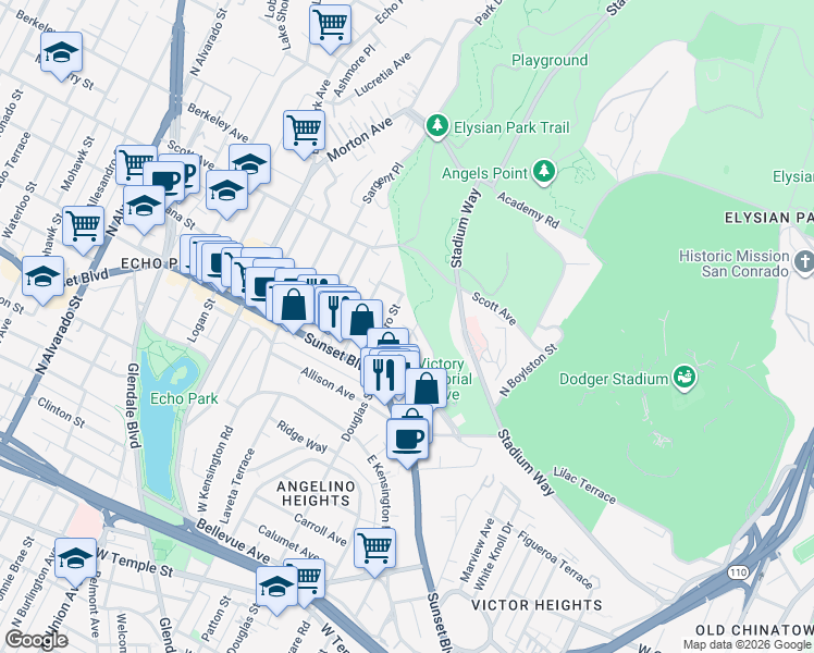 map of restaurants, bars, coffee shops, grocery stores, and more near 1347 Douglas Street in Los Angeles