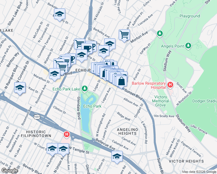 map of restaurants, bars, coffee shops, grocery stores, and more near 1076 Laguna Avenue in Los Angeles