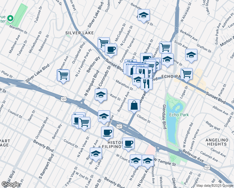 map of restaurants, bars, coffee shops, grocery stores, and more near 805 Rosemont Avenue in Los Angeles