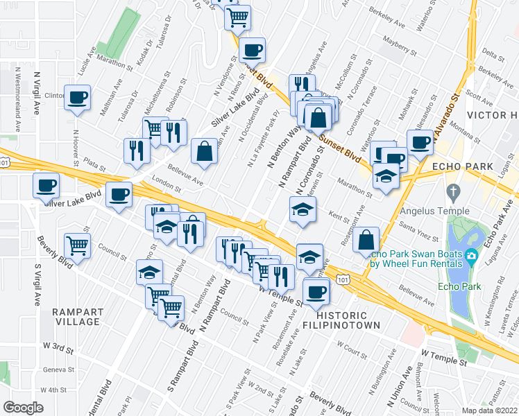map of restaurants, bars, coffee shops, grocery stores, and more near 528 North Benton Way in Los Angeles