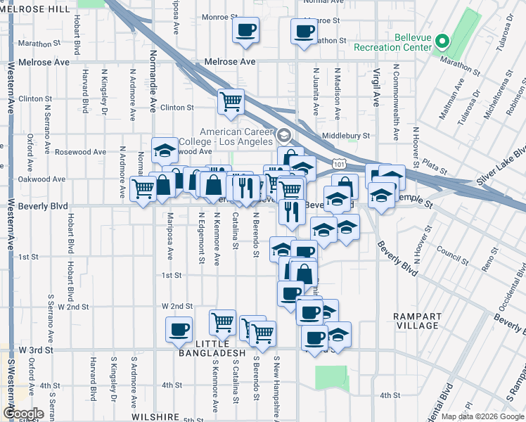 map of restaurants, bars, coffee shops, grocery stores, and more near 3960 Beverly Boulevard in Los Angeles
