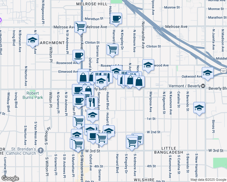 map of restaurants, bars, coffee shops, grocery stores, and more near 206 North Hobart Boulevard in Los Angeles