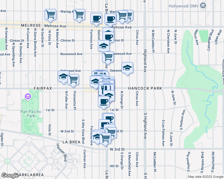 map of restaurants, bars, coffee shops, grocery stores, and more near 162a North La Brea Avenue in Los Angeles