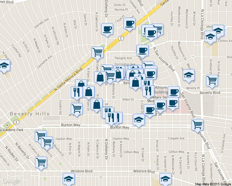 map of restaurants, bars, coffee shops, grocery stores, and more near 9029 Alden Drive in Los Angeles