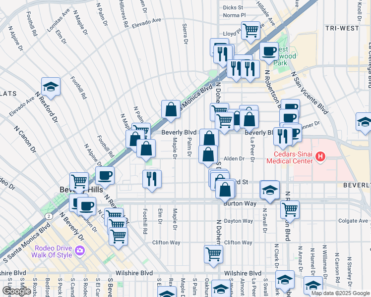 map of restaurants, bars, coffee shops, grocery stores, and more near 9183 Alden Drive in Beverly Hills