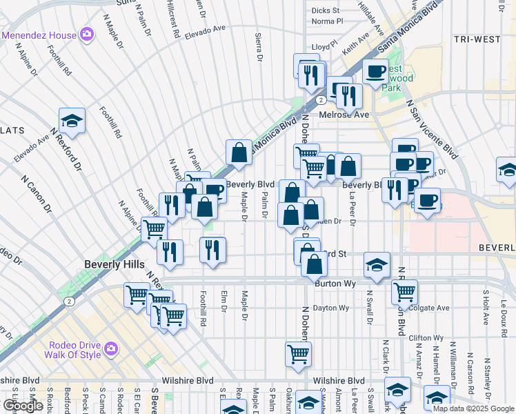 map of restaurants, bars, coffee shops, grocery stores, and more near 9183 Alden Drive in Beverly Hills