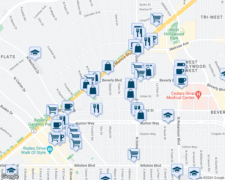 map of restaurants, bars, coffee shops, grocery stores, and more near 9231 Alden Drive in Beverly Hills