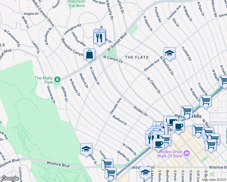 map of restaurants, bars, coffee shops, grocery stores, and more near 703 North Rodeo Drive in Beverly Hills