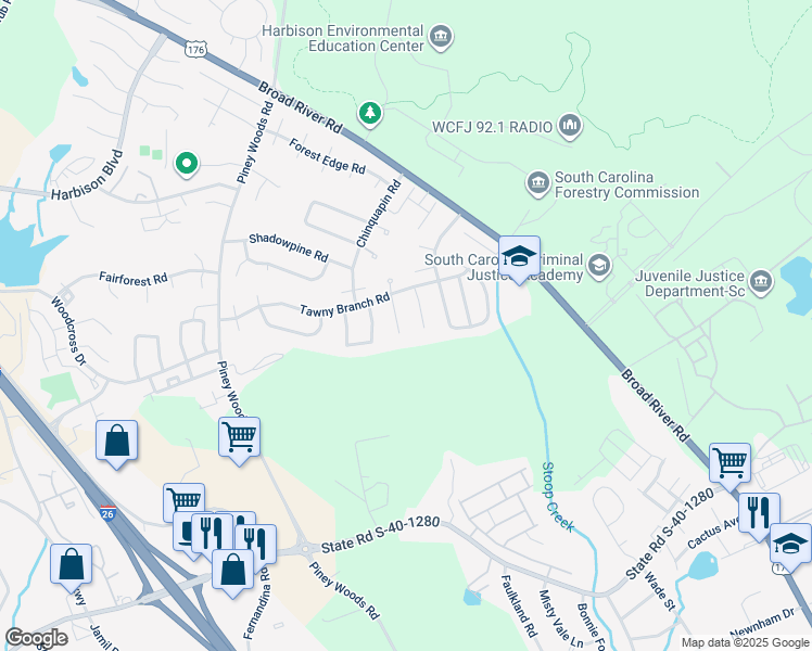map of restaurants, bars, coffee shops, grocery stores, and more near 25 Battery Walk Court in Columbia