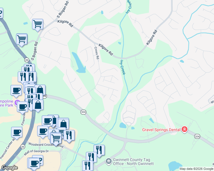 map of restaurants, bars, coffee shops, grocery stores, and more near 2134 Millgate Lane Northeast in Buford