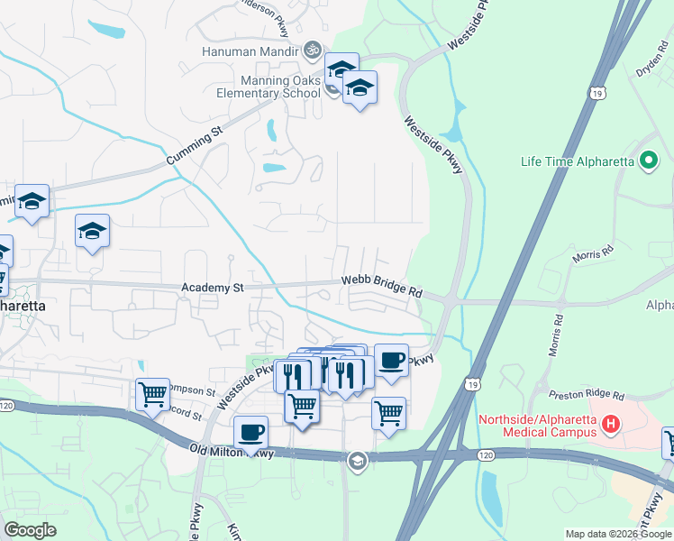 map of restaurants, bars, coffee shops, grocery stores, and more near 558 Wedgewood Drive in Alpharetta