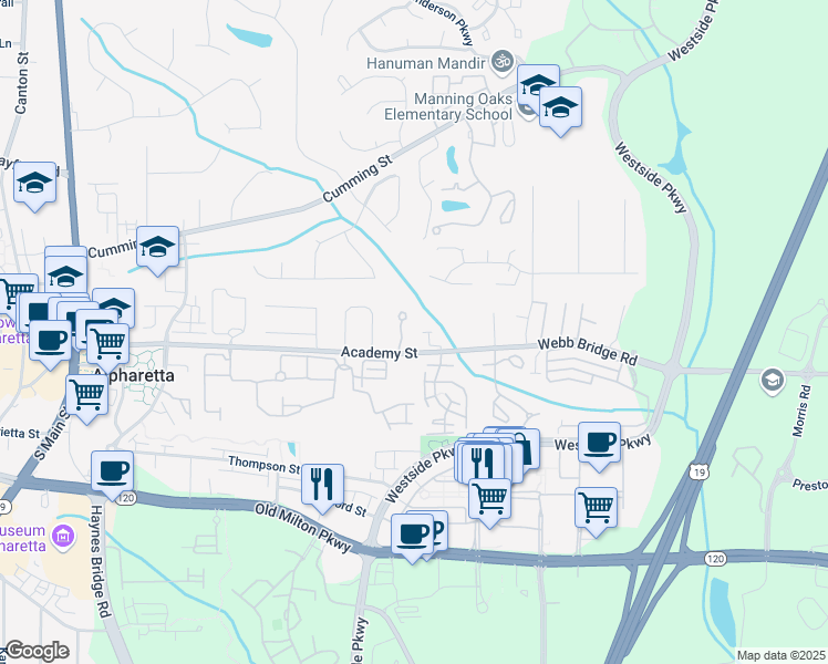 map of restaurants, bars, coffee shops, grocery stores, and more near 396 Academy Street in Alpharetta
