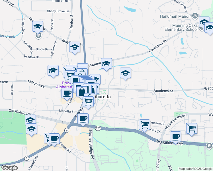 map of restaurants, bars, coffee shops, grocery stores, and more near 97 Academy Street in Alpharetta