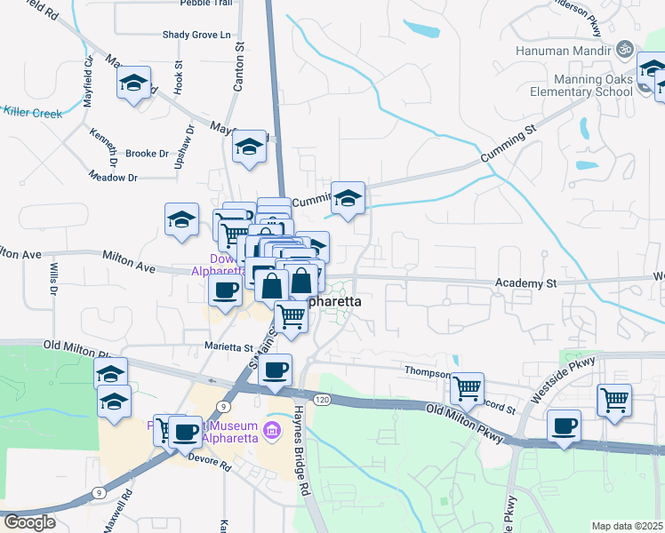 map of restaurants, bars, coffee shops, grocery stores, and more near 74 Academy Street in Alpharetta