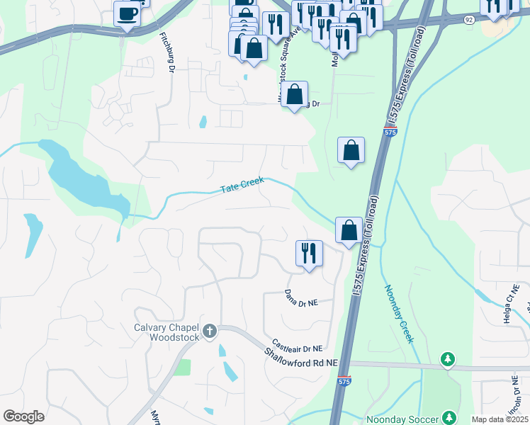 map of restaurants, bars, coffee shops, grocery stores, and more near 2111 Yorkshire Court in Woodstock
