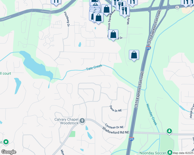 map of restaurants, bars, coffee shops, grocery stores, and more near 2117 Yorkshire Court in Woodstock