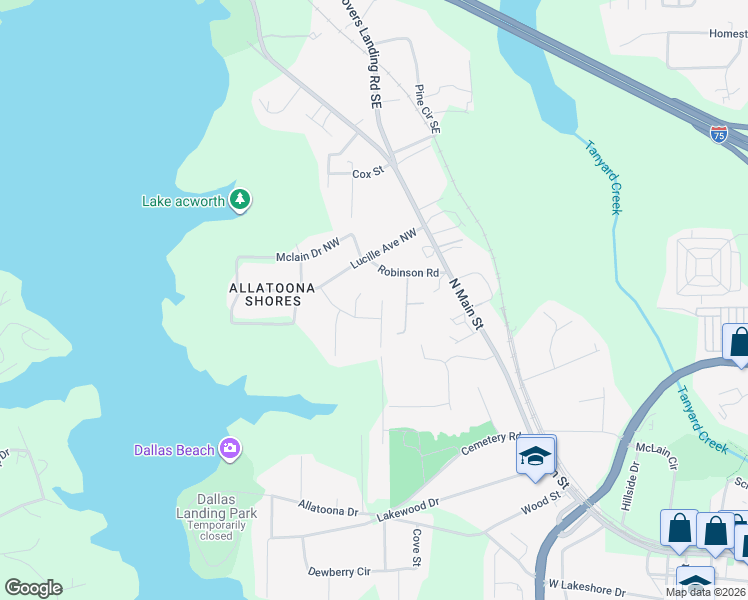 map of restaurants, bars, coffee shops, grocery stores, and more near 4966 Hampstead Lane in Acworth