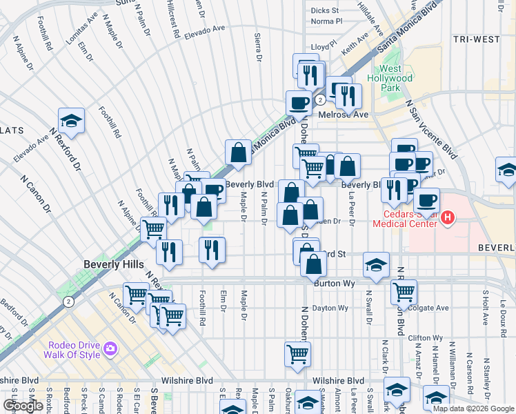 map of restaurants, bars, coffee shops, grocery stores, and more near 9183 Alden Drive in Beverly Hills
