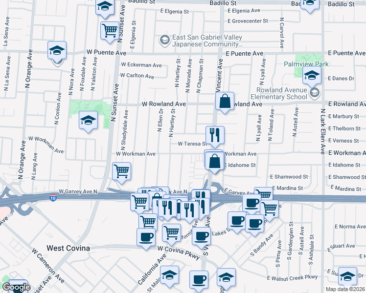 map of restaurants, bars, coffee shops, grocery stores, and more near 240 North Morada Avenue in West Covina