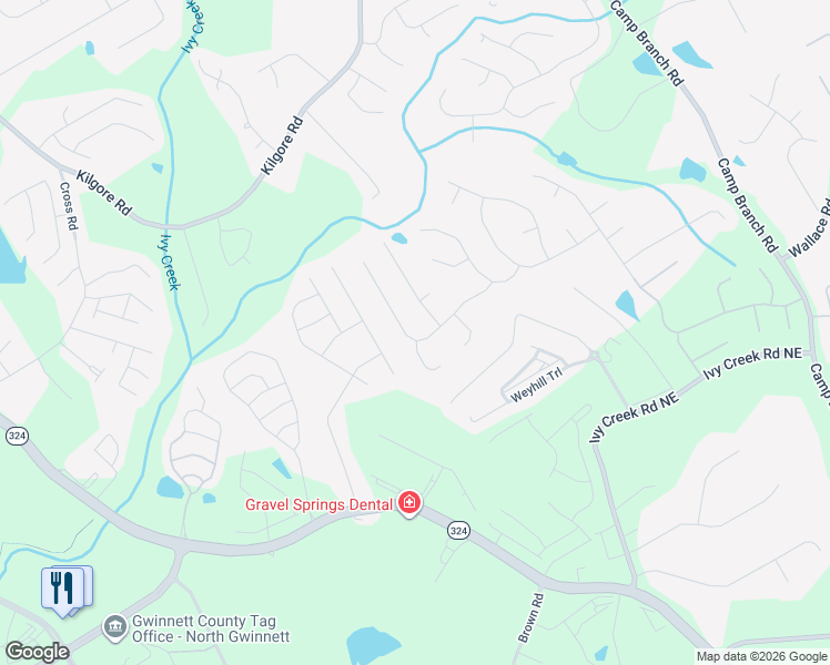 map of restaurants, bars, coffee shops, grocery stores, and more near 2381 Walkers Glen Lane Northeast in Buford