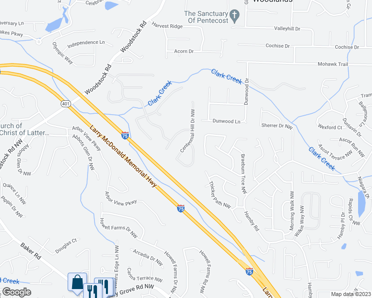 map of restaurants, bars, coffee shops, grocery stores, and more near 5212 Centennial Hill Drive Northwest in Acworth