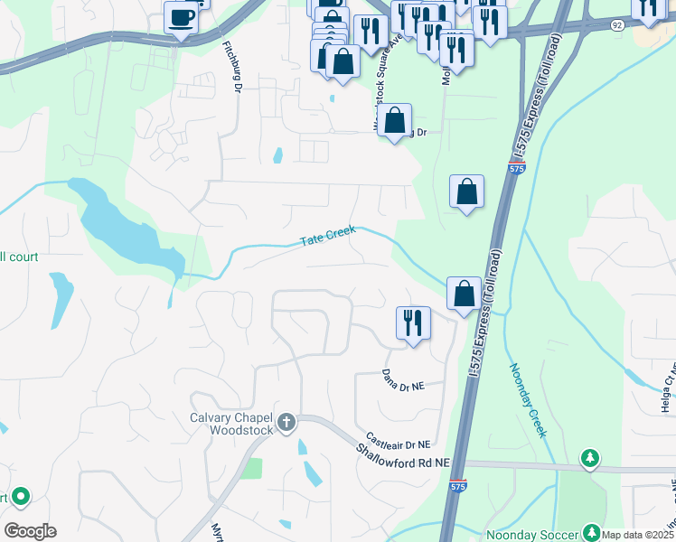 map of restaurants, bars, coffee shops, grocery stores, and more near 2117 Yorkshire Court in Woodstock