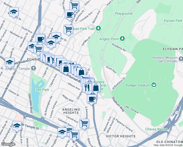 map of restaurants, bars, coffee shops, grocery stores, and more near 1403 West Galvez Drive in Los Angeles