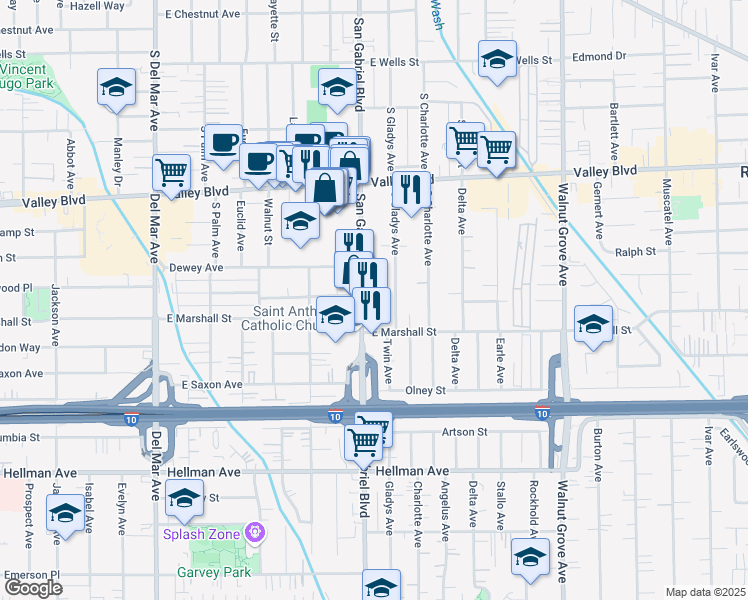 map of restaurants, bars, coffee shops, grocery stores, and more near 1848A South San Gabriel Boulevard in San Gabriel