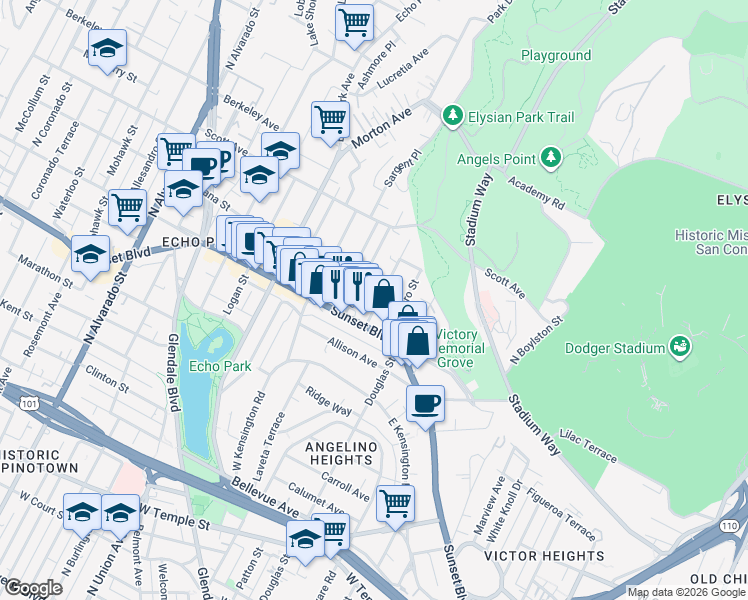 map of restaurants, bars, coffee shops, grocery stores, and more near 1325 Quintero Street in Los Angeles