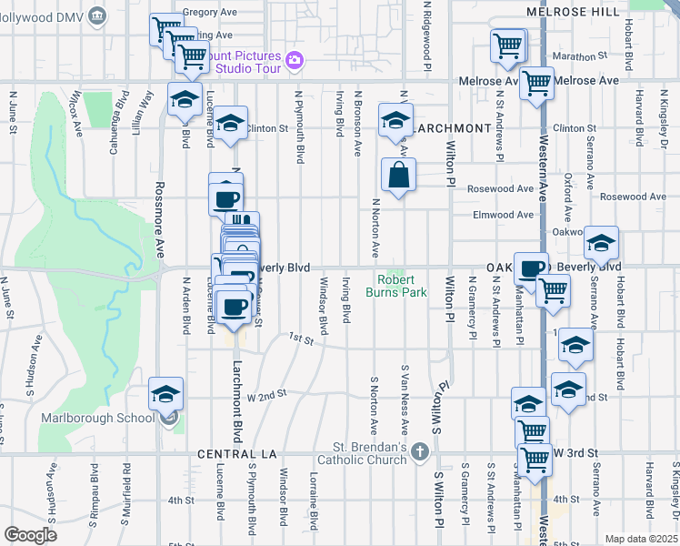 map of restaurants, bars, coffee shops, grocery stores, and more near 253 North Irving Boulevard in Los Angeles