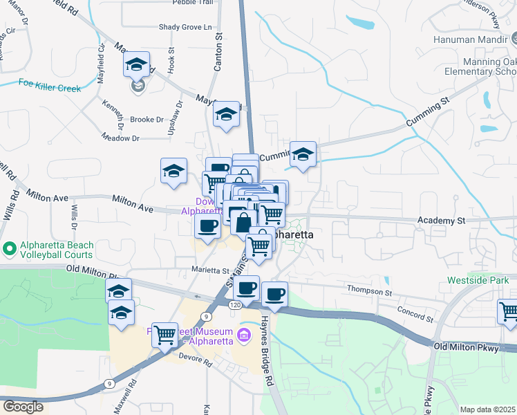 map of restaurants, bars, coffee shops, grocery stores, and more near 20 Georgia 9 in Alpharetta