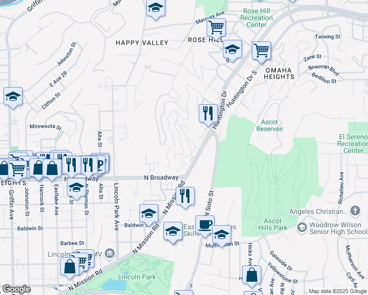 map of restaurants, bars, coffee shops, grocery stores, and more near 2521 Onyx Drive in Los Angeles
