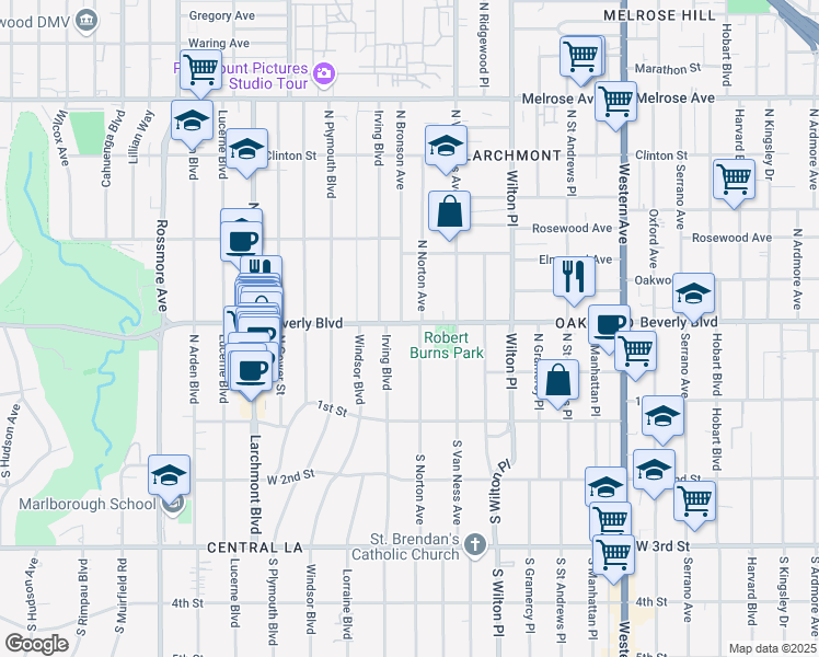 map of restaurants, bars, coffee shops, grocery stores, and more near 4950 Beverly Boulevard in Los Angeles