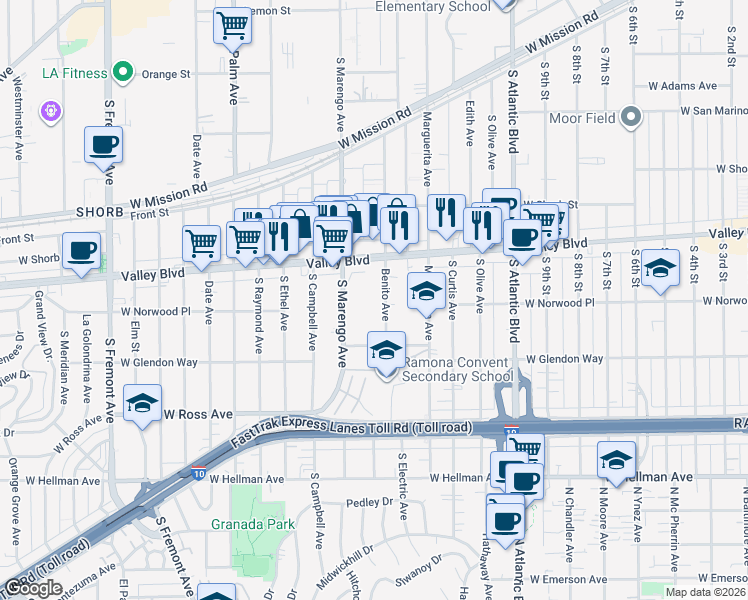 map of restaurants, bars, coffee shops, grocery stores, and more near 1512 Benito Avenue in Alhambra