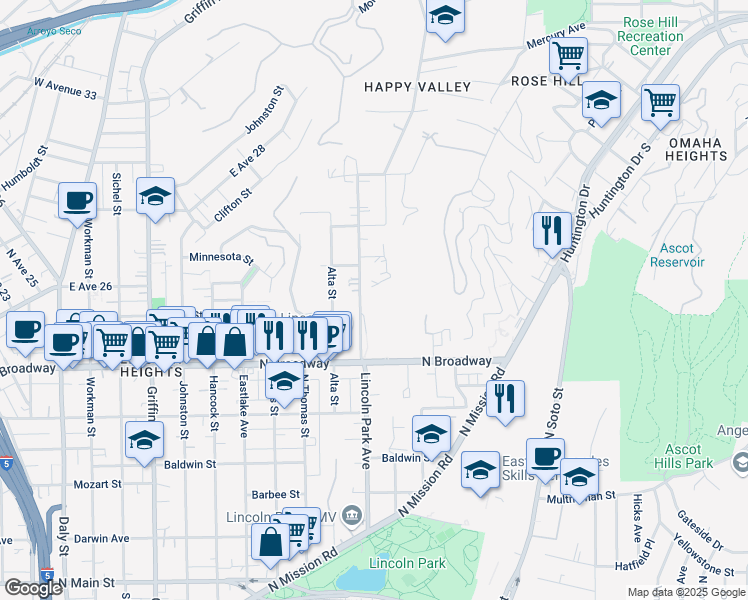 map of restaurants, bars, coffee shops, grocery stores, and more near 3625 Altura Street in Los Angeles