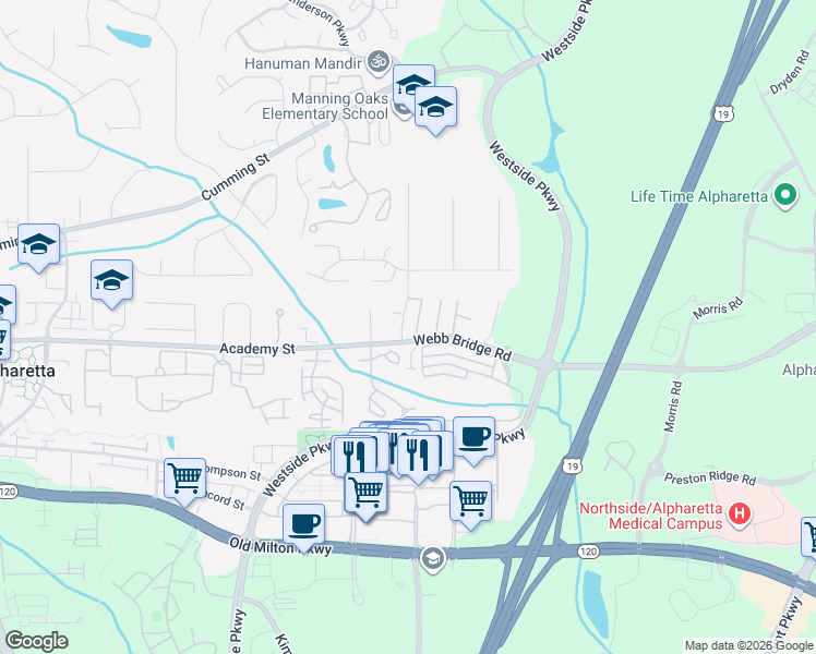 map of restaurants, bars, coffee shops, grocery stores, and more near 558 Wedgewood Drive in Alpharetta