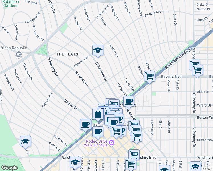 map of restaurants, bars, coffee shops, grocery stores, and more near 525 North Rexford Drive in Beverly Hills