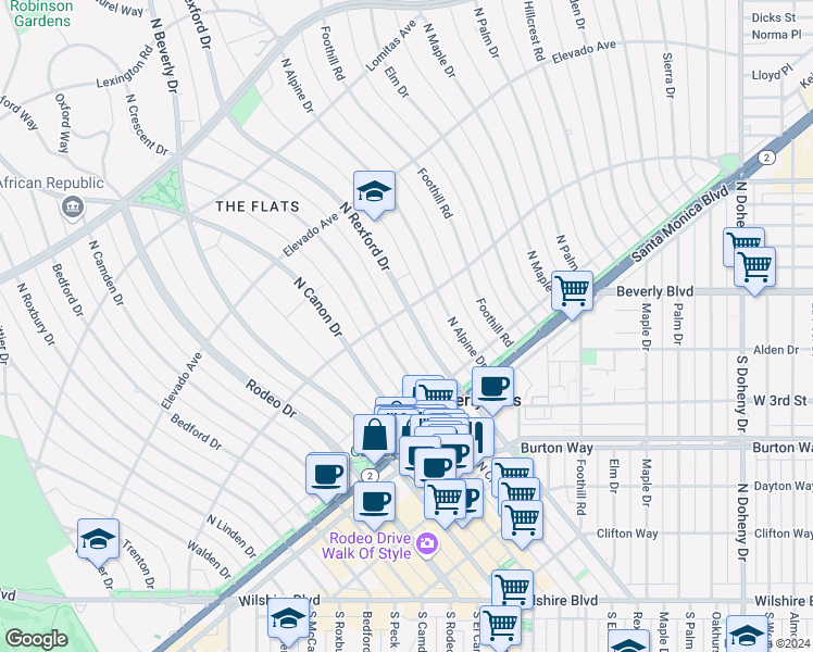 map of restaurants, bars, coffee shops, grocery stores, and more near 525 North Rexford Drive in Beverly Hills