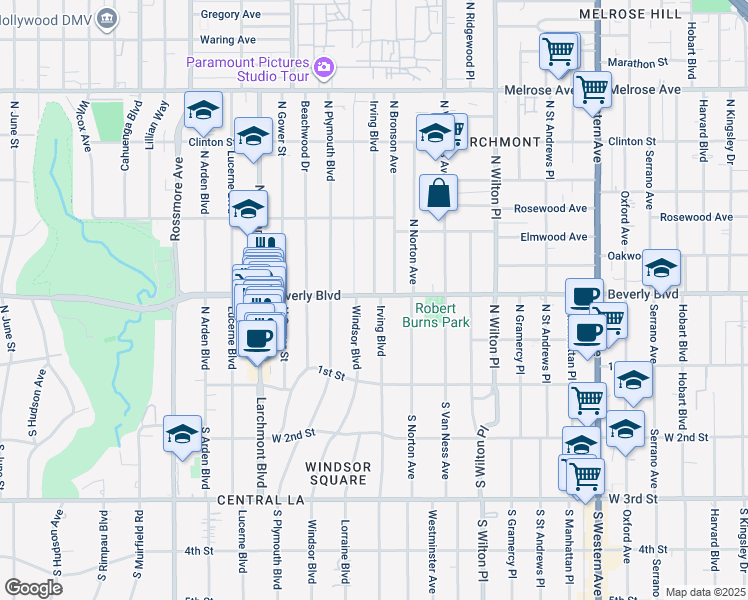 map of restaurants, bars, coffee shops, grocery stores, and more near 253 North Irving Boulevard in Los Angeles