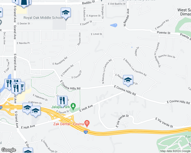 map of restaurants, bars, coffee shops, grocery stores, and more near 3314 Rancho Rio Bonita Road in Covina