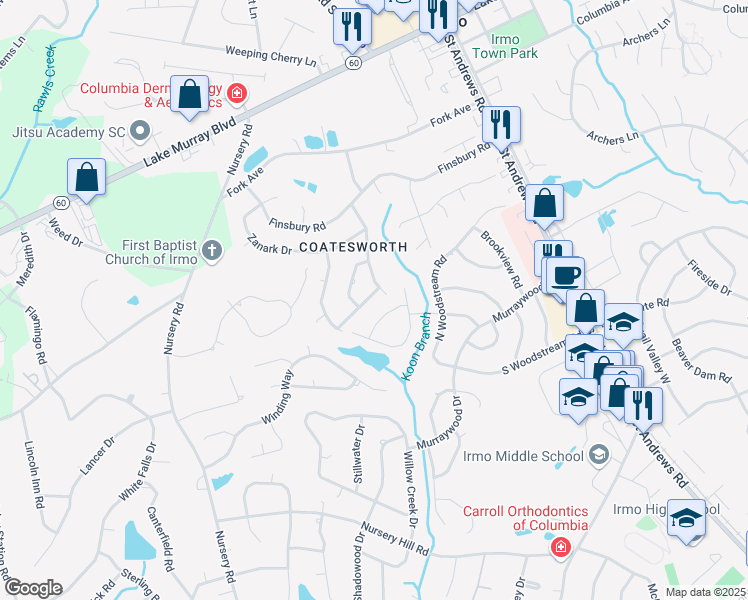 map of restaurants, bars, coffee shops, grocery stores, and more near 407 Marston Moor Lane in Columbia